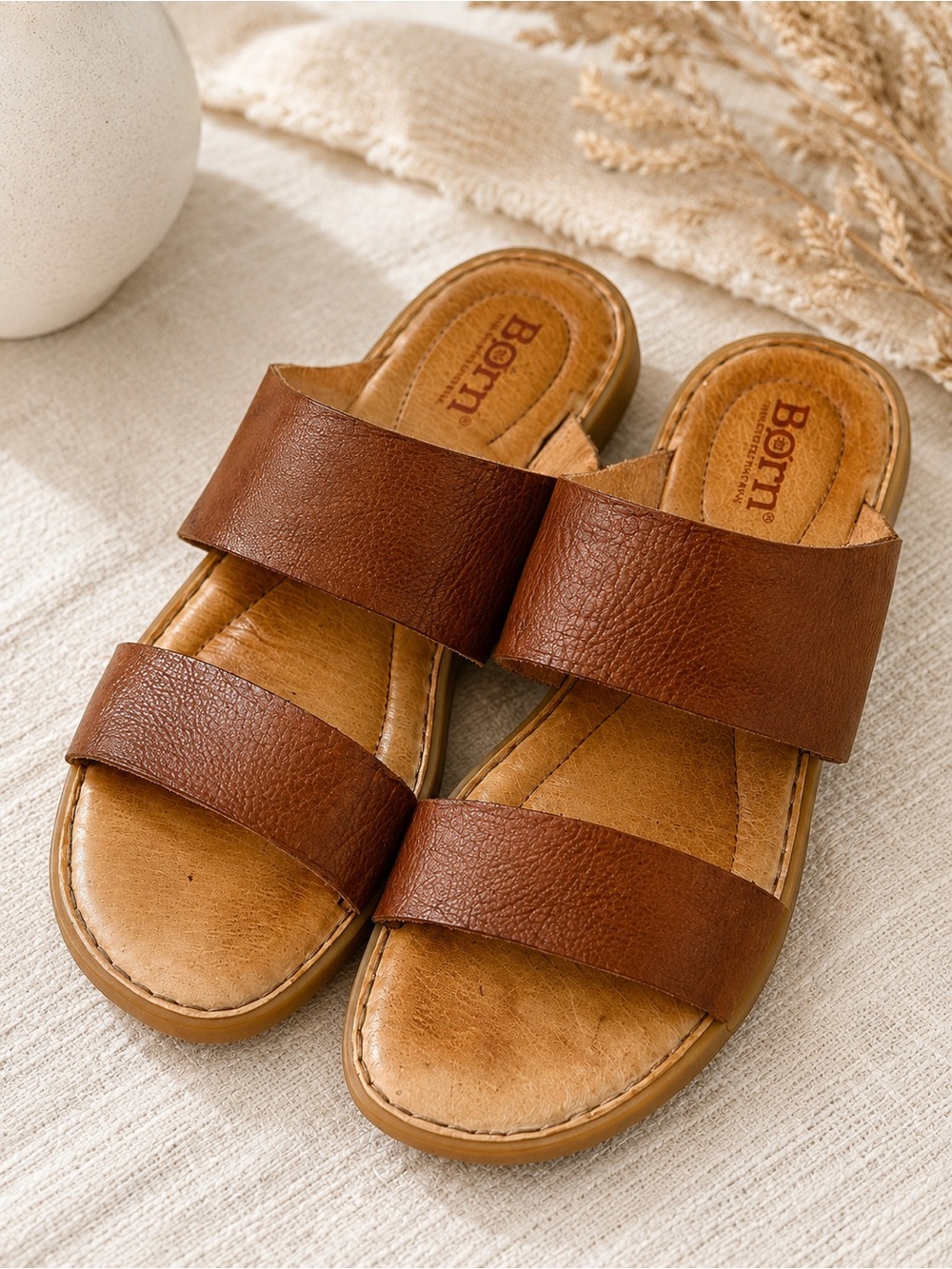 Born Inslo Cuoio Brown Leather Double Strap Slide Sandals Women’s 8M Comfort